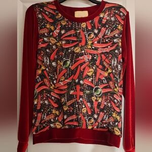 EAN 13 Women Dark Red Velvet Top Rhinestones Chili Peppers Bling Italy 42 US 6 S